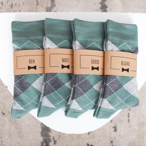 Personalized Groomsmen Socks | Sage Green Argyle Wedding Socks - Men's Size 7-12 | Custom Sock Labels