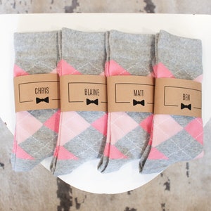 Personalized Groomsmen Socks | Pink Argyle Wedding Socks - Men&#39;s Size 7-12 | Custom Sock Labels