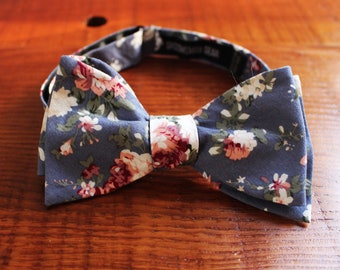 Blue Floral Bow Tie + Gift Box | Men's Cotton Self-Tie Flower Pattern Bowtie - Wedding Bow Tie, Groomsmen Bow Tie, Groom Bow Tie