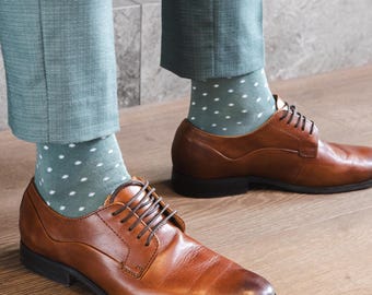 Sage Green Polka Dot Mens Dress Socks | Mens Size 7-13, Combed Cotton Mens Dress Socks, Groomsmen Socks, Sage Wedding Socks, Custom Socks