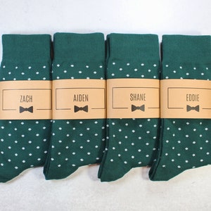 Personalized Groomsmen Socks | Hunter Green Polka Dot Wedding Socks - Men's Size 7-12 | Custom Sock Labels