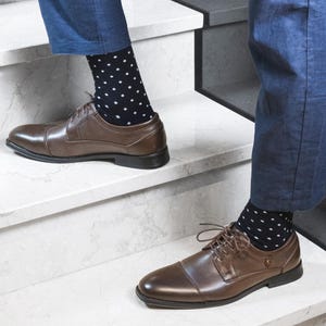 Navy Blue Polka Dot Combed Cotton Mens Dress Socks (Size 7-13)