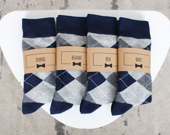 Personalized Groomsmen Socks | Navy & Grey Argyle Wedding Socks - Men's Size 7-12 | Custom Sock Labels