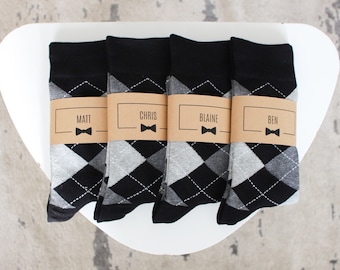 Personalized Groomsmen Socks | Black & Grey Argyle Wedding Socks - Men's Size 7-12 | Custom Sock Labels
