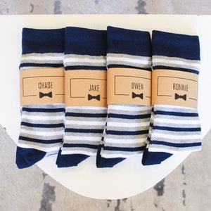 Personalized Groomsmen Socks | Navy Blue Striped Wedding Socks - Men's Size 7-12 | Custom Sock Labels