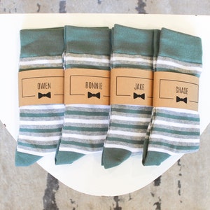 Personalized Groomsmen Socks | Sage Green Striped Wedding Socks - Men&#39;s Size 7-12 | Custom Sock Labels
