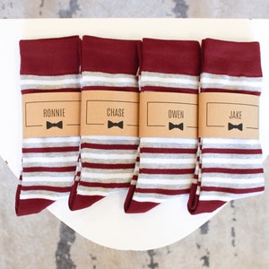 Personalized Groomsmen Socks | Burgundy Striped Wedding Socks - Men's Size 7-12 | Custom Sock Labels