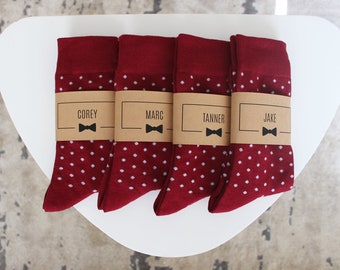 Personalized Groomsmen Socks | Burgundy & Grey Polka Dot Wedding Socks - Men's Size 7-12 | Custom Sock Labels