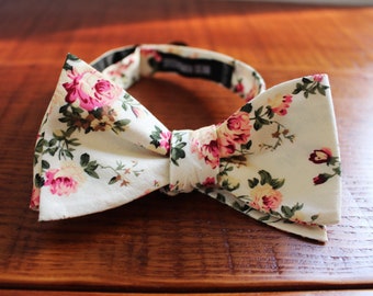 Floral Metallic Cream or White or Grey Bow Tie
