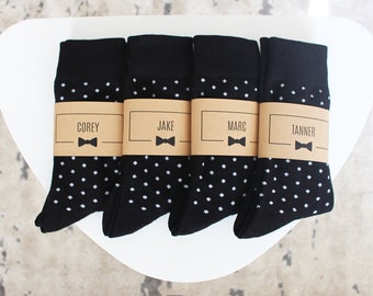 Personalized Groomsmen Socks | Black Polka Dot Wedding Socks - Men's Size 7-12 | Custom Sock Labels