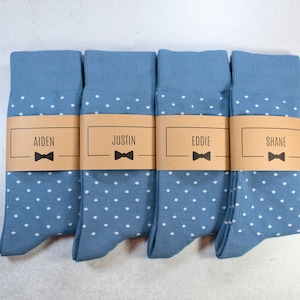 Personalized Groomsmen Socks | Dusty Blue Polka Dot Wedding Socks - Men's Size 7-12 | Custom Sock Labels