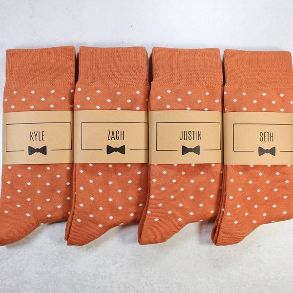 Personalized Groomsmen Socks | Burnt Orange Polka Dot Wedding Socks - Men's Size 7-12 | Custom Sock Labels