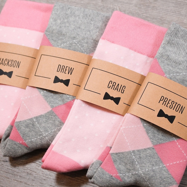 Pink Personalized Groomsmen Socks | Matching Colors, Men's Size 7-12 | Groomsman Gift Idea, Wedding Socks, Custom Sock Labels