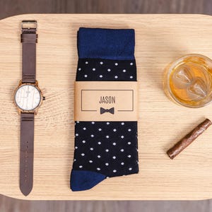 Navy Polka Dot Groomsmen Socks with Custom Label