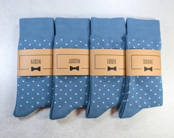 Personalized Groomsmen Socks | Dusty Blue Polka Dot Wedding Socks - Men's Size 7-12 | Custom Sock Labels