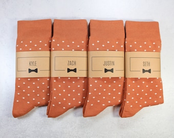 Personalized Groomsmen Socks | Burnt Orange Polka Dot Wedding Socks - Men's Size 7-12 | Custom Sock Labels