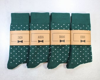 Personalized Groomsmen Socks | Hunter Green Polka Dot Wedding Socks - Men's Size 7-12 | Custom Sock Labels