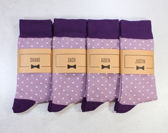 Personalized Groomsmen Socks | Purple Polka Dot Wedding Socks - Men's Size 7-12 | Custom Sock Labels