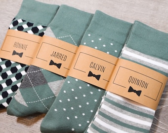 Sage Green Personalized Groomsmen Socks | 5 Designs, Mix & Match, Men's Size 7-12 | Groomsman Gift Idea, Wedding Socks, Custom Sock Labels