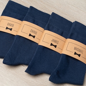 Personalized Groomsmen Socks | Solid Navy Blue Wedding Socks with Custom Label | Men&#39;s Size 7-12, Groomsmen Gift Socks, Groomsman Proposal