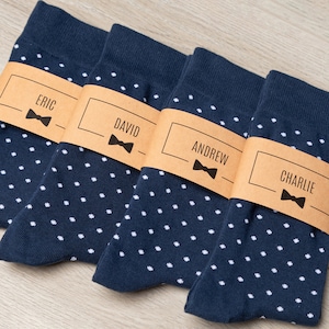 Personalized Groomsmen Socks | Navy Polka Dot Wedding Socks with Custom Label | Men&#39;s Size 7-12, Groomsmen Gift Socks, Groomsman Proposal