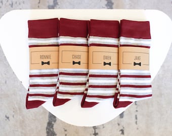 Personalized Groomsmen Socks | Burgundy Striped Wedding Socks - Men's Size 7-12 | Custom Sock Labels