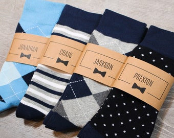 Navy Blue Personalized Groomsmen Socks | 4 Designs, Mix & Match, Men's Size 7-12 | Groomsman Gift Idea, Wedding Socks, Custom Sock Labels