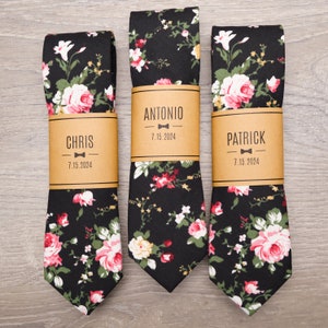 Black Floral Groomsmen Ties with Personalized Label | 2.25&quot; Black Floral Skinny Wedding Tie for Groom & Groomsmen, Groomsmen Gift Ties
