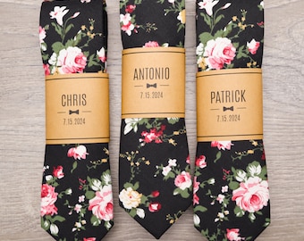 Black Floral Groomsmen Ties with Personalized Label | 2.25" Black Floral Skinny Wedding Tie for Groom & Groomsmen, Groomsmen Gift Ties