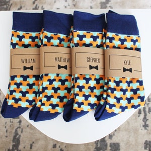 Personalized Groomsmen Socks | Blue & Orange Wedding Socks - Men&#39;s Size 7-12 | Custom Sock Labels