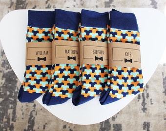 Personalized Groomsmen Socks | Blue & Orange Wedding Socks - Men's Size 7-12 | Custom Sock Labels