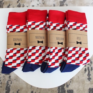 Personalized Groomsmen Socks | Red Funky Wedding Socks - Men&#39;s Size 7-12 | Custom Sock Labels