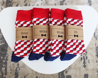 Personalized Groomsmen Socks | Red Funky Wedding Socks - Men's Size 7-12 | Custom Sock Labels