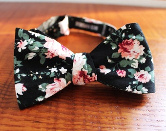 Black Floral Bow Tie + Gift Box | Men's Cotton Self-Tie Flower Pattern Bowtie - Wedding Bow Tie, Groomsmen Bow Tie, Groom Bow Tie