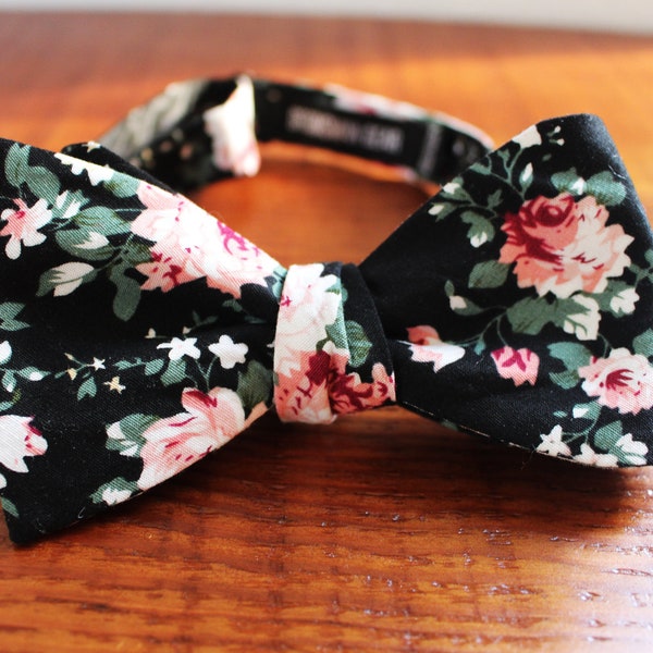Black Floral Bow Tie + Gift Box | Men's Cotton Self-Tie Flower Pattern Bowtie - Wedding Bow Tie, Groomsmen Bow Tie, Groom Bow Tie