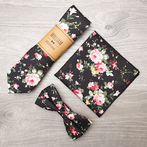 Black Floral Cotton Tie, Bowtie & Pocket Square Set: Personalized Groomsmen Gift