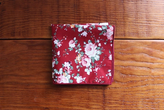 Burgundy Floral Pocket Square: Men's Cotton Handkerchief - Wedding Attire
