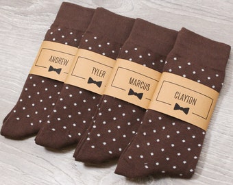 Dark Brown Personalized Groomsmen Socks | Brown Polka Dot Wedding Socks with Custom Label, Men's Size 7-12, Groomsmen Gift Socks