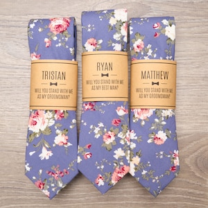 Blue Floral Groomsmen Ties with Personalized Label | 2.25" Blue/Purple Floral Skinny Wedding Tie for Groom & Groomsmen, Groomsmen Gift Ties