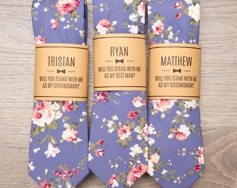 Blue Floral Groomsmen Ties with Personalized Label | 2.25" Blue/Purple Floral Skinny Wedding Tie for Groom & Groomsmen, Groomsmen Gift Ties