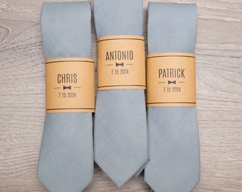 Gray Groomsmen Ties with Personalized Label | Grey/Blue Skinny 2.25" Wedding Tie for Groom & Groomsmen, Cotton/Linen Groomsmen Gift Ties