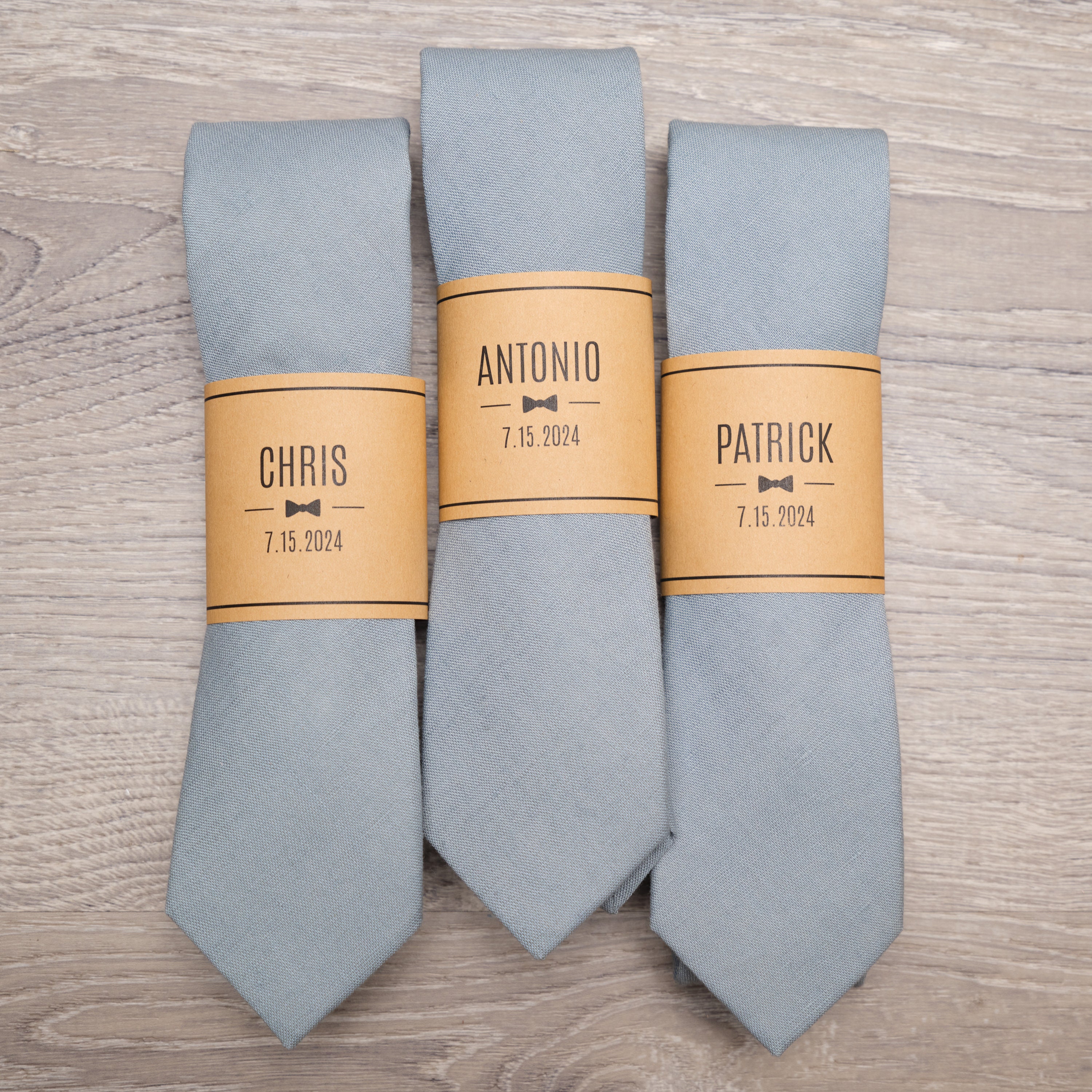 Gray Groomsmen Ties with Personalized Label Grey/Blue Skinny 2.25" Wedding Tie for Groom & Groomsmen, Cotton/Linen Groomsmen Gift Ties