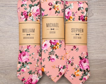 Pink Floral Groomsmen Ties with Personalized Label | 2.25" Pink Floral Skinny Wedding Tie for Groom & Groomsmen, Groomsmen Gift Ties