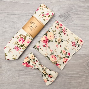 Matching Cream Floral Tie, Bowtie, Pocket Square Set | Groom and Groomsmen Suit Accessories, Personalized Groomsmen Gift, Wedding Tie Set