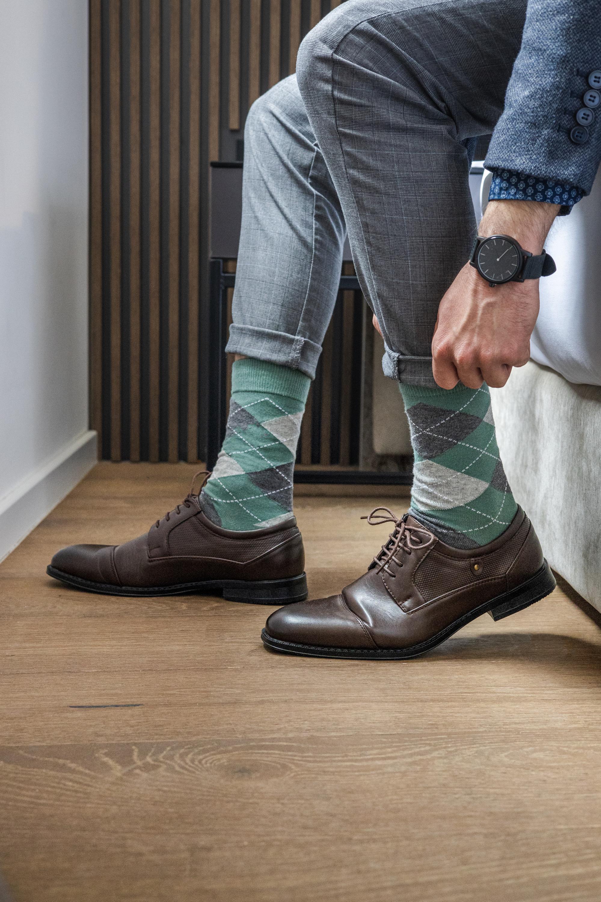 Sage Green Argyle Combed Cotton Mens Dress Socks (Size 7-13)