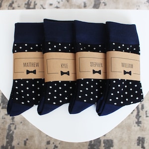 Personalized Groomsmen Socks | Navy Polka Dot Wedding Socks - Men's Size 7-12 | Custom Sock Labels