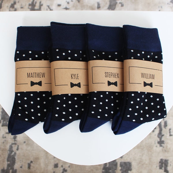 Personalized Groomsmen Socks | Navy Polka Dot Wedding Socks - Men's Size 7-12 | Custom Sock Labels