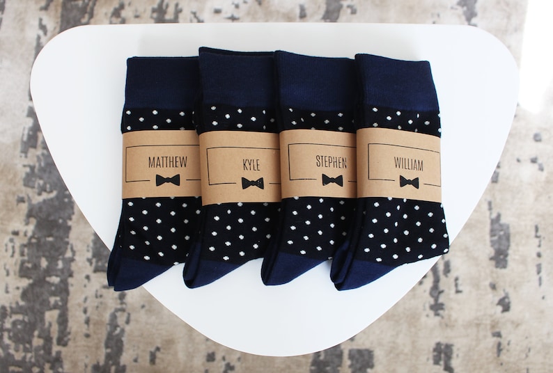 Personalized Groomsmen Socks Navy Polka Dot Wedding Socks Men's Size 7-12 Custom Sock Labels image 1