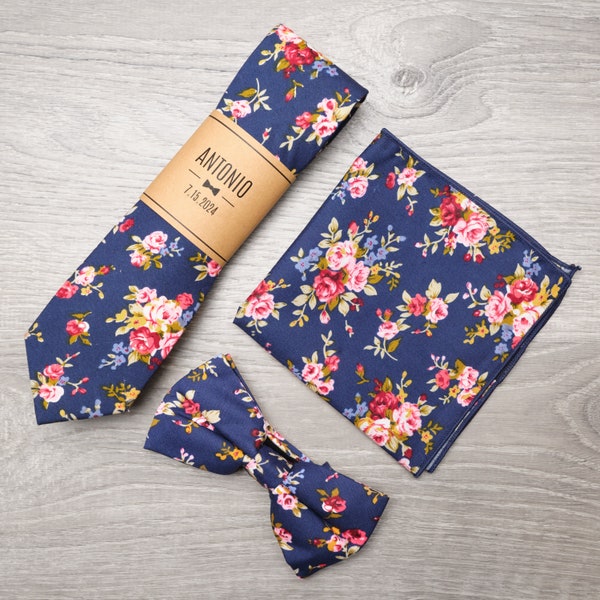 Matching Navy Floral Tie, Bowtie, Pocket Square Set | Groom and Groomsmen Suit Accessories, Personalized Groomsmen Gift, Wedding Tie Set