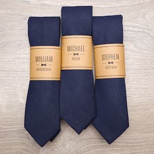 Solid Navy Groomsmen Ties with Personalized Label for Weddings
